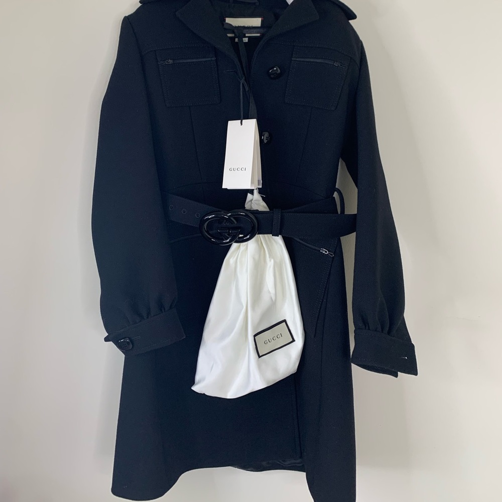 GUCCI black wool jacket large logo belt button down cuff long coat Luxury NWT - Picture 6 of 14